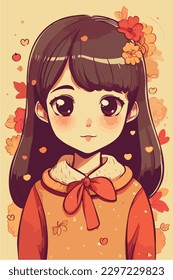 little kawaii girl illustration. flat colors, vector illustration, digital art, Anime. isolated