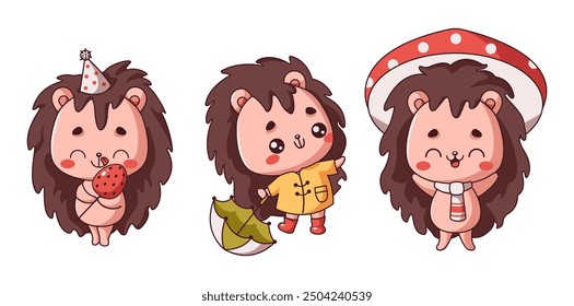 Little Kawaii hedgehogs engaging in activities flat color vector style. Icon set with adorable wild animals in different scenarios on white