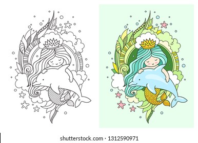 Little kawaii mermaid with dolphin. Cute cartoon characters. Print, postcard, poster, page for coloring book. Vector illustration.