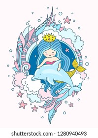 Little kawaii princess mermaid with dolphin. Siren with long blue hair. Under the sea. Vector illustration for print, poster, banner, postcard, card.