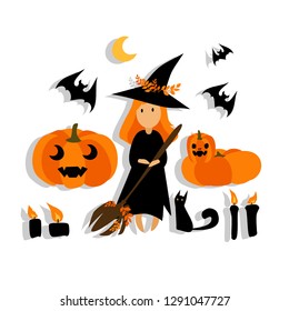 A little kawaii red-haired witch in a black dress, a hat with a broom and a black cat, bat and pumpkin. Vector set. Decorative illustration, good for printing. Great for label, print, pack