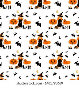 A little kawaii red-haired witch in a black dress, a hat with a broom and a black cat, moon, bat and pumpkin. Vector Seamless pattern, good for printing. Great for label, print, pack