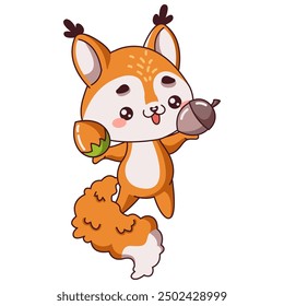 Little Kawaii squirrel cub holding acorns in hands flat color vector style. Cute fluffy forest creature in playful pose having walk on white