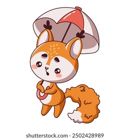 Little Kawaii squirrel stands under umbrella flat color vector illustration. Fluffy creature feeling down because of rain icon on white background