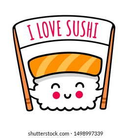 Little kawaii sushi with chopsticks. Cute cartoon character for logo, sticker, pin, badge. Simple vector illustration.
