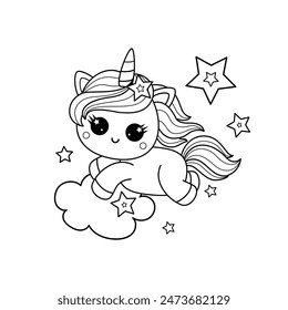 A little kawaii unicorn runs across the sky with the stars. Black and white linear drawing. For children's design of coloring books, prints, posters, cards, stickers. Vector