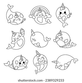 Little kawaii whale unicorn. Coloring Page. Cute cartoon sea animal characters for kids. Hand drawn style. Vector drawing. Collection of design elements.