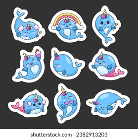 Little kawaii whale unicorn. Sticker Bookmark. Cute cartoon sea animal characters for kids. Hand drawn style. Vector drawing. Collection of design elements.