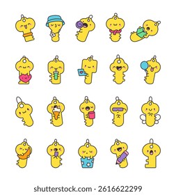 Little key character set showing various cute moments with holding items, smiling faces, charming poses and lovely accessories for yours creative projects