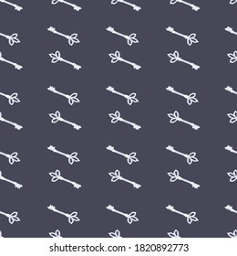Little keys simple ornament seamless pattern. White vintage elements on grey background. Hand drawn minimalistic victorian style print. For wallpaper, textile, wrapping, fabric. Vector illustration