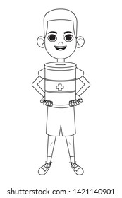 little kid afroamerican boy carrying donation jar for medical support avatar cartoon character portrait isolated black and white vector illustration graphic design