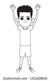 little kid afroamerican boy with hands up avatar cartoon character portrait isolated black and white vector illustration graphic design