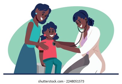 Little kid appointment at children hospital 2D vector isolated illustration. Lung sound screen. Checking child growth flat characters on cartoon background. Pediatrician office visit colourful scene.