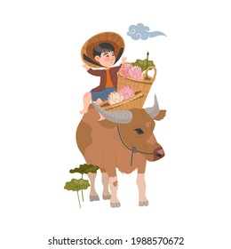 Little Kid as Asian Farmer in Straw Hat Sitting on Bull with Wicker Basket of Lotus Flowers Vector Illustration