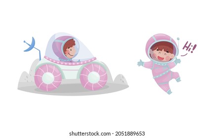 Little Kid Astronaut Wearing Spacesuit Exploring the Moon Driving Car and Greeting Vector Set