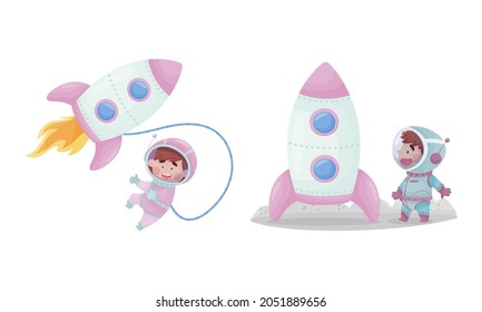 Little Kid Astronaut Wearing Spacesuit Exploring the Moon with Rocket Vector Set