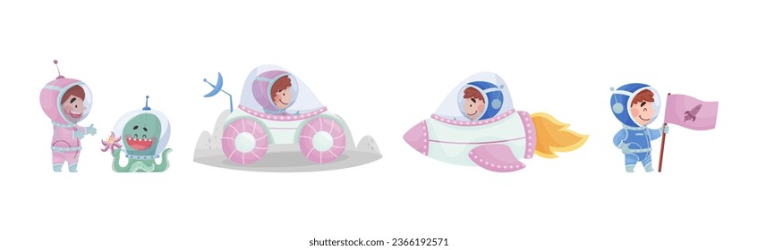 Little Kid Astronaut Wearing Spacesuit Exploring the Moon Vector Set