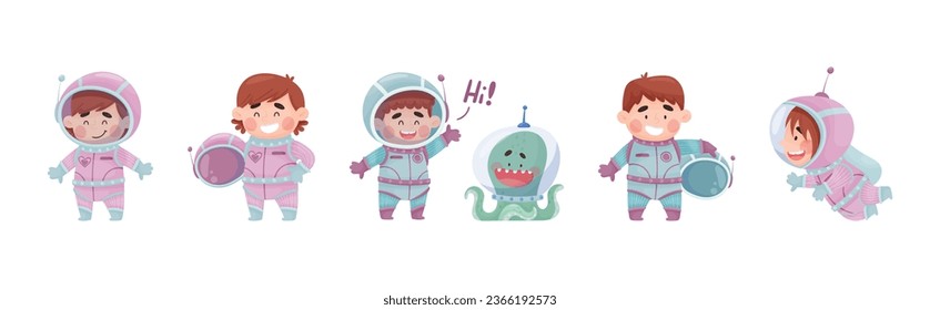 Little Kid Astronaut Wearing Spacesuit Exploring the Moon Vector Set