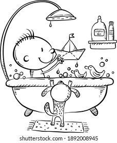 Little kid or baby bathing and playing in the bathroom, daily routine, outline vector file