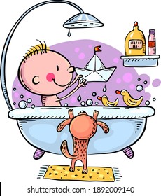 Little kid or baby bathing and playing in the bathroom, daily routine, editable vector file