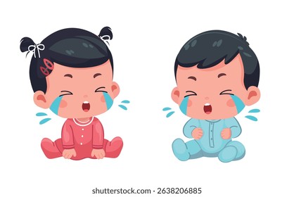 little kid baby boy and girl cry expression vector cartoon
