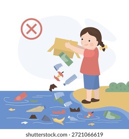 Garotinho com mau comportamento faz lixo. Mau hábito, garota agressiva no oceano. Garrafa de plástico e outro lixo em terra e na água. Conceito de poluição. Ilustração de vetor.