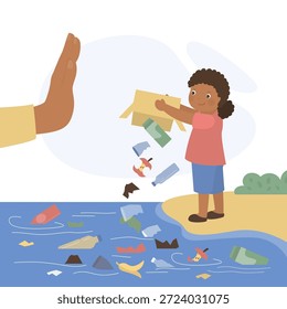 Un niño pequeño con mal comportamiento ensucia. Mala costumbre, chica bravucón arrojándose al océano. Mano humana gesticulando - detente. Botellas de plástico y otra basura en el agua. Concepto de contaminación. Ilustración vectorial