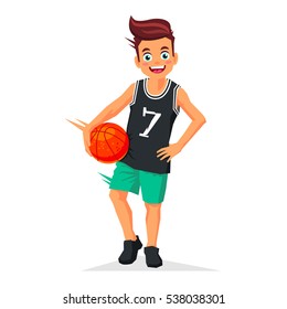 Little kid -  basketball player with the ball. Vector illustration on white background. Sports concept.