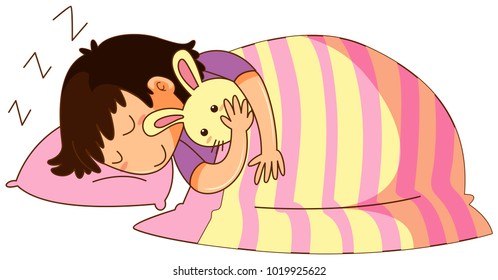 Little kid in bed with bunny doll illustration