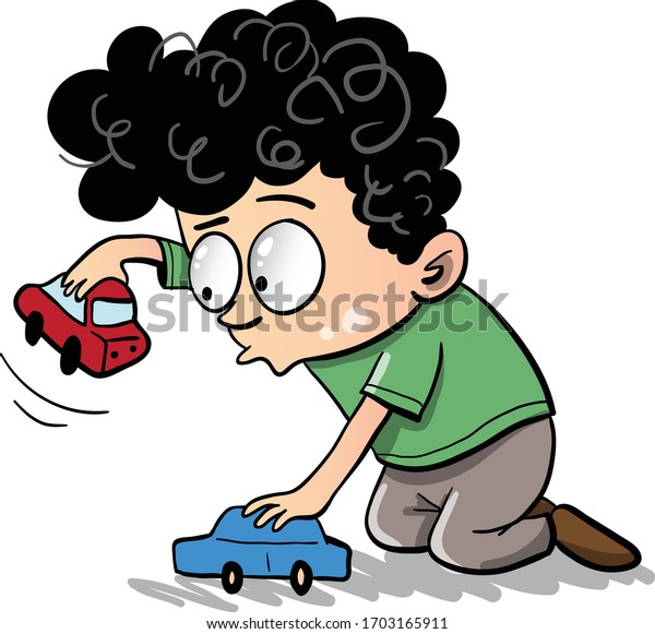 Little\
kid with black curly hair playing with toy\
cars