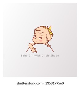 Little kid with blank text element in hands. Template for logotype design. Kid with big letter. Cute little baby girl with round  shape. Letter o logo template, Vector color illustration.