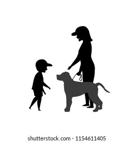 little kid boy asking for dog owner permission to tease the pet silhouette vector illustration scene