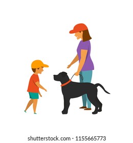 Little Kid Boy Asking Dog Owner Permission To Tease The Pet Vector Illustration Scene