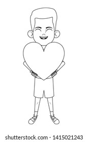 little kid boy carrying big heart avatar cartoon character portrait isolated black and white vector illustration graphic design