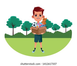 little kid boy carrying box of toys with balloon and teddy avatar cartoon character portrait with rural landscape