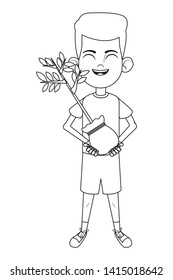 little kid boy carrying a plant in a grow bag avatar cartoon character portrait isolated black and white vector illustration graphic design