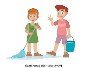 little kid boy and girl do chores cleaning floor.