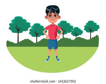 little kid boy with glasses avatar cartoon character portrait with rural landscape