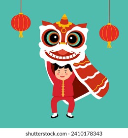 Little kid boy playing chinese lion dancing in flat design.