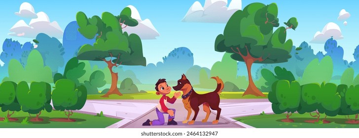 Little kid boy playing with dog in public city park. Cartoon vector illustration of happy smiling child with pet. Friendship between puppy in collar and baby owner. Summer sunny or spring day.