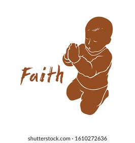 Little kid boy praying vector silhouette illustration isolated on white, child standing on the knees and praying to God.