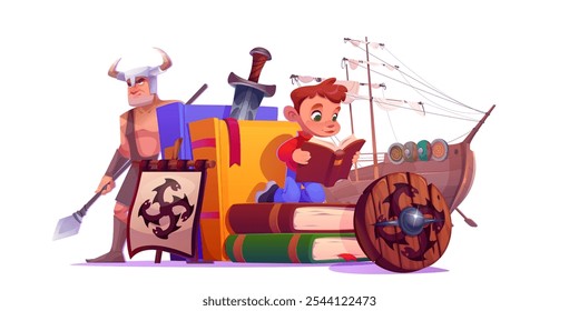 Little kid boy reading tale about Viking warrior who stands near stack of books, medieval ship and wooden shield, sword and dragon banner. Children imaginative journey through historic story.