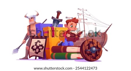 Little kid boy reading tale about Viking warrior who stands near stack of books, medieval ship and wooden shield, sword and dragon banner. Children imaginative journey through historic story.