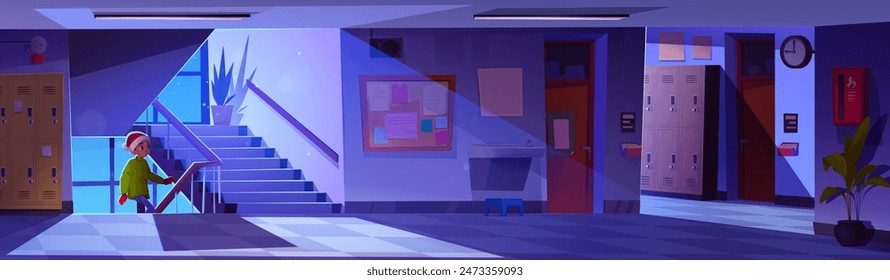 Little kid boy in Santa Claus hat climb stairs in dark empty school corridor at night with moonlight from window. Cartoon vector dusk scene of college hallway interior with classroom doors and lockers