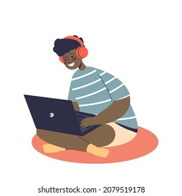 Little Kid Boy Using Laptop Computer Watch Video Online Wearing Headphones. Small Child Using Modern Gadgets Playing Games. Cartoon Flat Vector Illustration