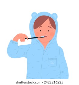 Niño pequeño cepillando dientes. Higiene matutina personal de los niños, caricatura de limpieza dental ilustración vectorial