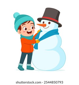 little kid build snowman and feel happy