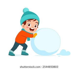 little kid build snowman and feel happy