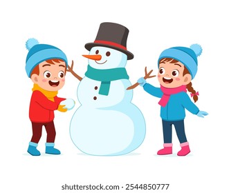 little kid build snowman with friend and feel happy