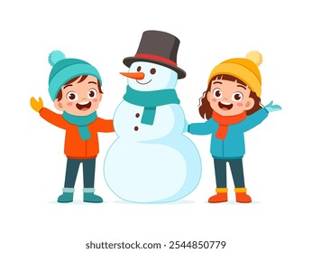 little kid build snowman with friend and feel happy